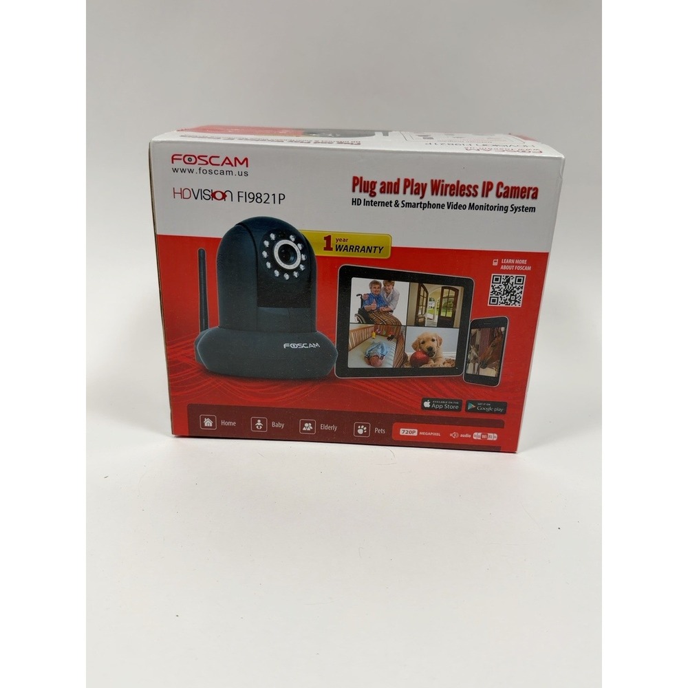 NIB Foscam FI9821P Wireless IP Camera – 720p HD Pan/Tilt Night Vision – Black